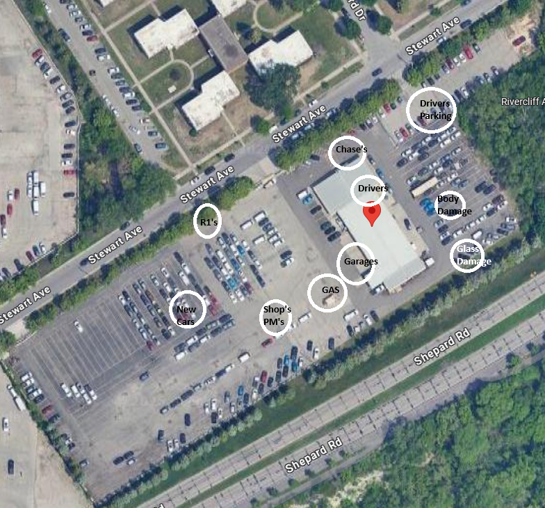 Base map showing vehicle and driver areas around 2500 Stewart Avenue