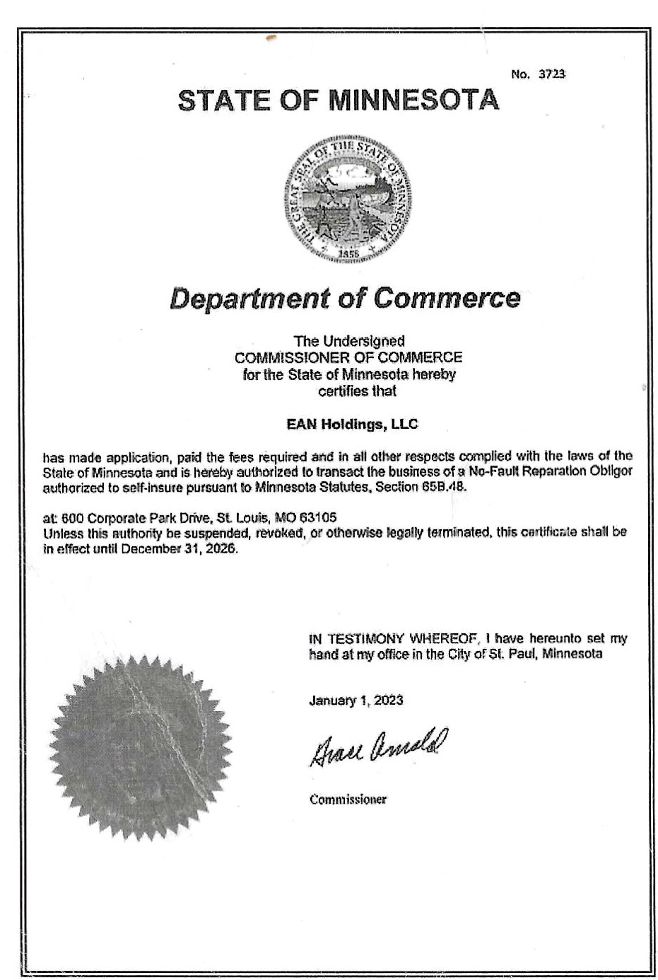 State of Minnesota Department of Commerce insurance certificate for EAN Holdings LLC